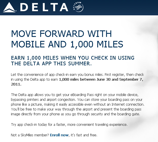 1000 Delta SkyMiles Free for Mobile App CheckIn